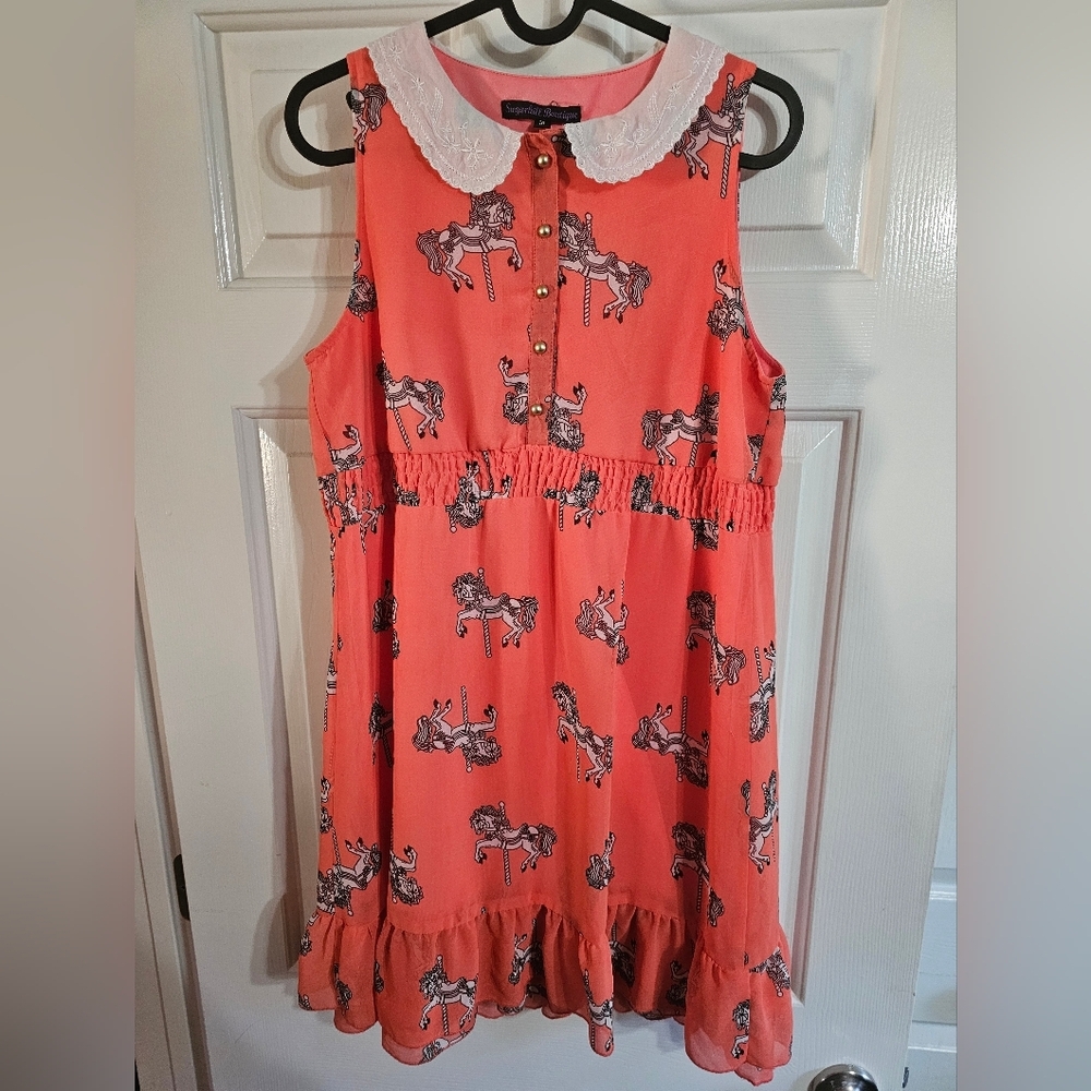 Sugarhill Boutique Dress Medium Coral Carousel Horse Peter Pan Collar Whimsical - Picture 2 of 6